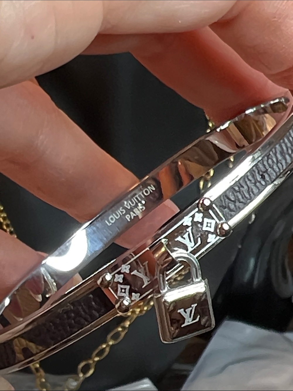 Silver-Tone Bangle with Brown Monogram Padlock